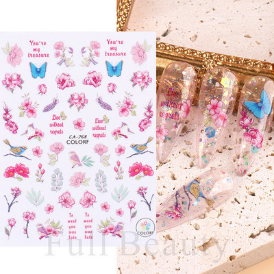 Τρισδιάστατη έγχρωμη εκτύπωση Αυτοκόλλητα νυχιών με λουλούδια Cherry Blossoms Leaf Bird Sliders For Nail Letter Design Μανικιούρ Διακόσμηση SACA764-776