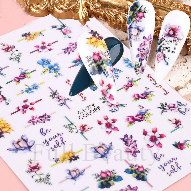 Τρισδιάστατη έγχρωμη εκτύπωση Αυτοκόλλητα νυχιών με λουλούδια Cherry Blossoms Leaf Bird Sliders For Nail Letter Design Μανικιούρ Διακόσμηση SACA764-776