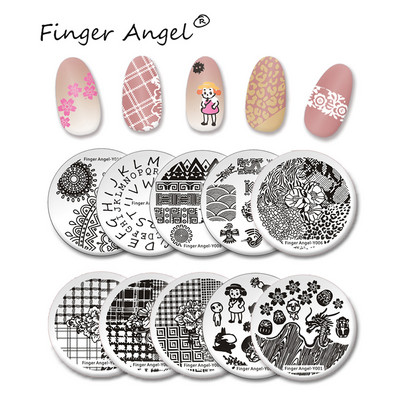 Finger Angel 1PCS Nail Art Stamping Plates Stamp Image Plate Letter Μοτίβο Στρογγυλό πρότυπο εκτύπωσης λουλουδιών