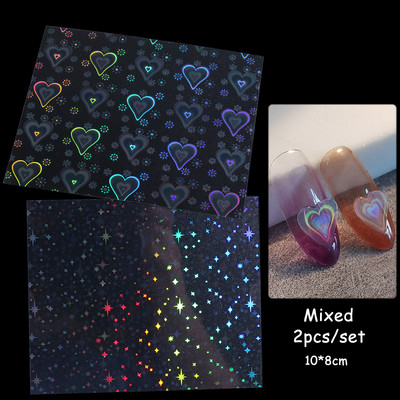 3D Laser-südame küünekunsti kleebis Holograafilised tähed liugurid Aurora kiled klaasküüned DIY disain läikivad kleebised maniküüri mähised GL1982