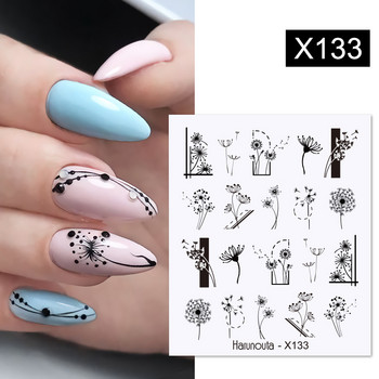 Harunouta French Black White Geometrics Pattern Water Decals Stickers Flower Leaves Slider For Nails Пролет Лято Дизайн на нокти