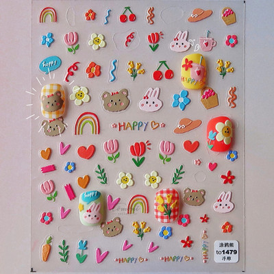 Kiváló minőségű aranyos szerelem csillag virág 5D csúszkák körmökhöz Rajzfilm Bear Ragasztó körömdíszítés matrica tippek Kiegészítők