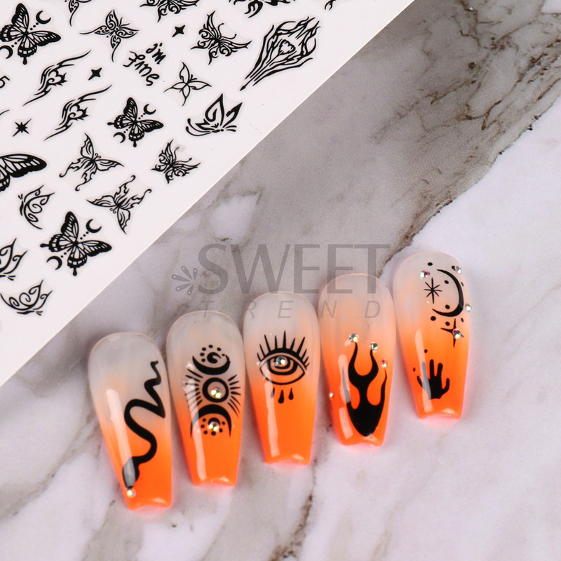 3D Witchy Naels Simples Leegid Täht Kuu Madu Kleebised Mustvalge Disain Joon Graffiti Nail Art Decor Kleebised Maniküür SAF