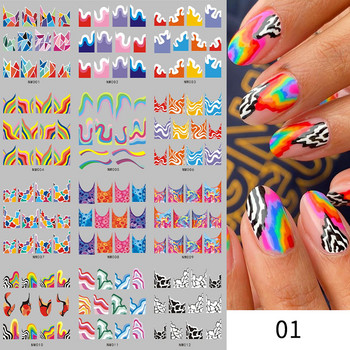 12 модела/лист Цветни френски стикери за нокти Маникюр Rainbow Wave Summer Neon Geometric Lines Water Nail Decals Set