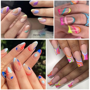 12 модела/лист Цветни френски стикери за нокти Маникюр Rainbow Wave Summer Neon Geometric Lines Water Nail Decals Set