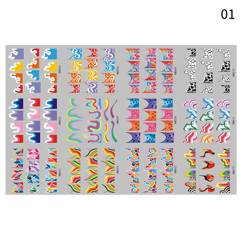 12 μοτίβο/σεντόνι Πολύχρωμα γαλλικά αυτοκόλλητα νυχιών μανικιούρ Rainbow Wave Summer Neon Geometric Lines Σετ αυτοκόλλητων νυχιών νερού