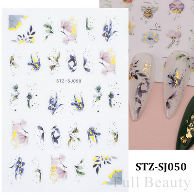 Aranyos tavaszi virágos levelek 3D körömdíszítő matricák arany örvény virágos természetes dizájn öntapadó transzfer csúszkák manikűr NFSTZ-SJ