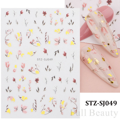 Aranyos tavaszi virágos levelek 3D körömdíszítő matricák arany örvény virágos természetes dizájn öntapadó transzfer csúszkák manikűr NFSTZ-SJ