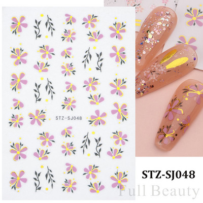 Aranyos tavaszi virágos levelek 3D körömdíszítő matricák arany örvény virágos természetes dizájn öntapadó transzfer csúszkák manikűr NFSTZ-SJ