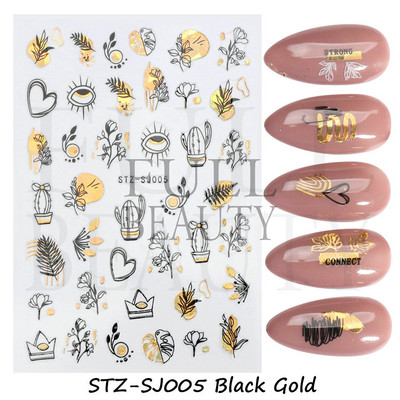 Aranyos tavaszi virágos levelek 3D körömdíszítő matricák arany örvény virágos természetes dizájn öntapadó transzfer csúszkák manikűr NFSTZ-SJ