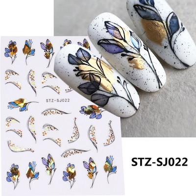 Aranyos tavaszi virágos levelek 3D körömdíszítő matricák arany örvény virágos természetes dizájn öntapadó transzfer csúszkák manikűr NFSTZ-SJ