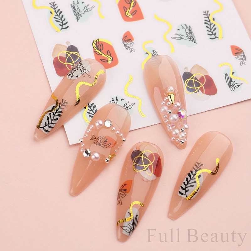 Aranyos tavaszi virágos levelek 3D körömdíszítő matricák arany örvény virágos természetes dizájn öntapadó transzfer csúszkák manikűr NFSTZ-SJ
