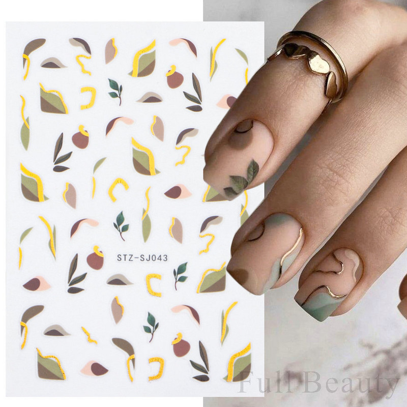 Aranyos tavaszi virágos levelek 3D körömdíszítő matricák arany örvény virágos természetes dizájn öntapadó transzfer csúszkák manikűr NFSTZ-SJ