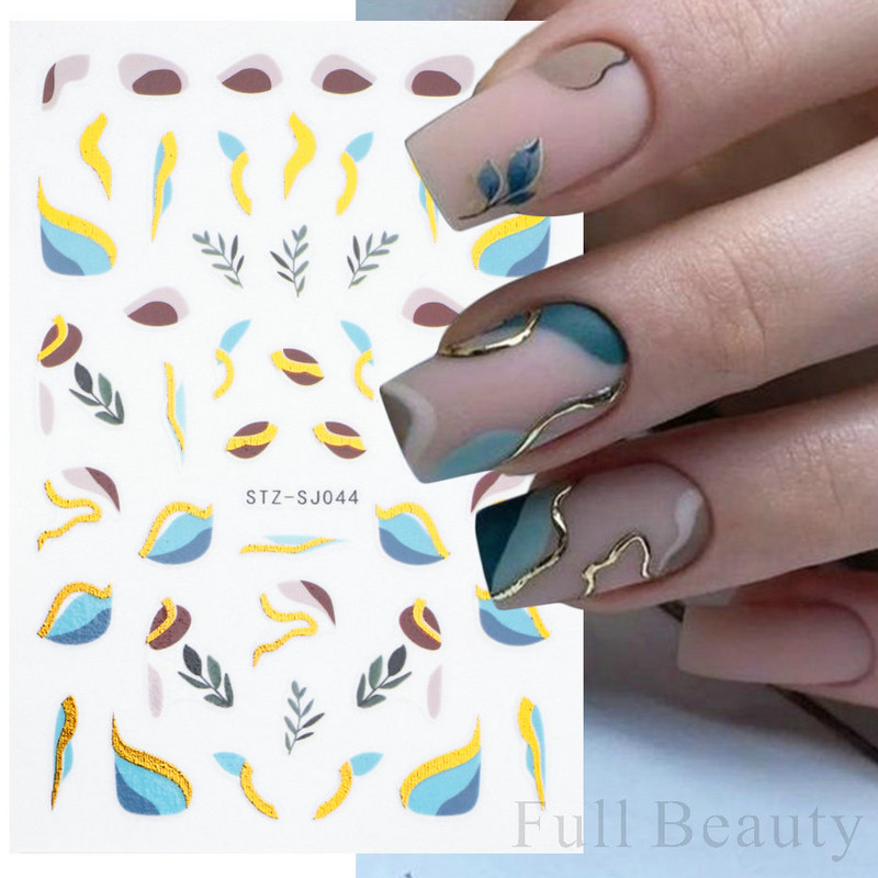 Aranyos tavaszi virágos levelek 3D körömdíszítő matricák arany örvény virágos természetes dizájn öntapadó transzfer csúszkák manikűr NFSTZ-SJ
