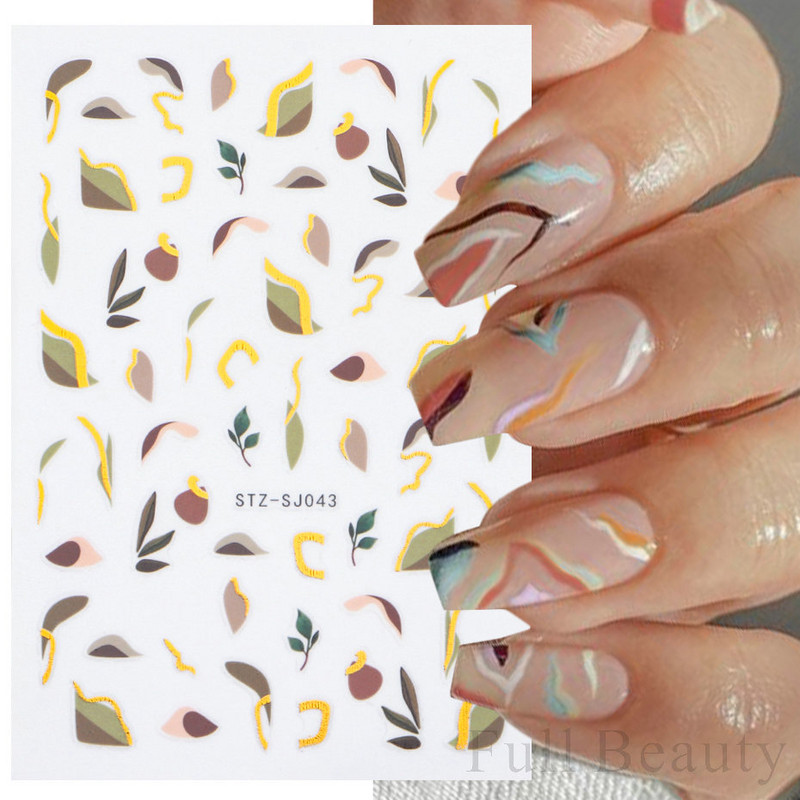 Aranyos tavaszi virágos levelek 3D körömdíszítő matricák arany örvény virágos természetes dizájn öntapadó transzfer csúszkák manikűr NFSTZ-SJ