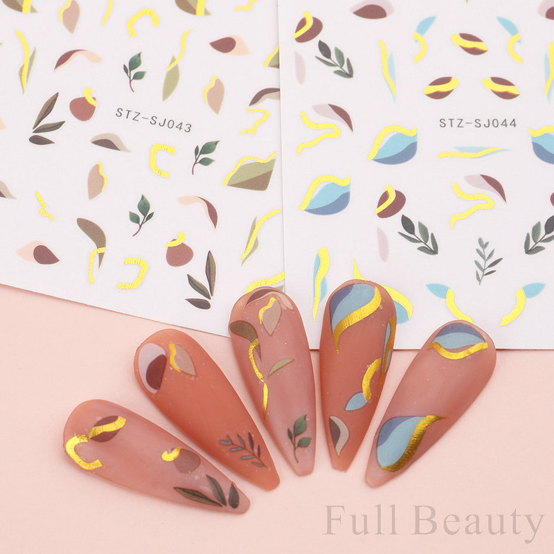 Aranyos tavaszi virágos levelek 3D körömdíszítő matricák arany örvény virágos természetes dizájn öntapadó transzfer csúszkák manikűr NFSTZ-SJ