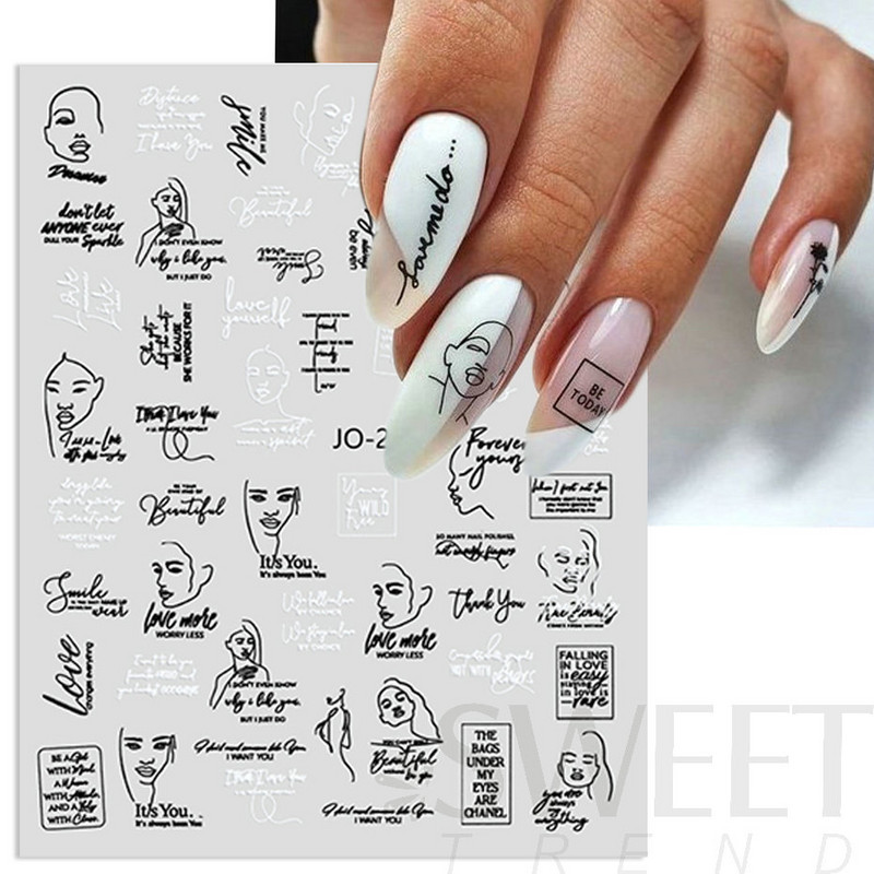 3D fekete-fehér betűs körömmatricák varázslat címkék manikűr barkács művészet szó graffiti absztrakt arc gél lakk körömdíszítés BEJO