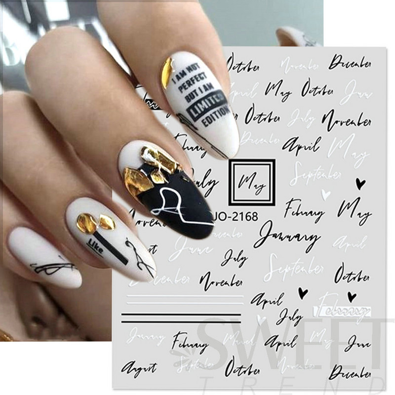 3D fekete-fehér betűs körömmatricák varázslat címkék manikűr barkács művészet szó graffiti absztrakt arc gél lakk körömdíszítés BEJO