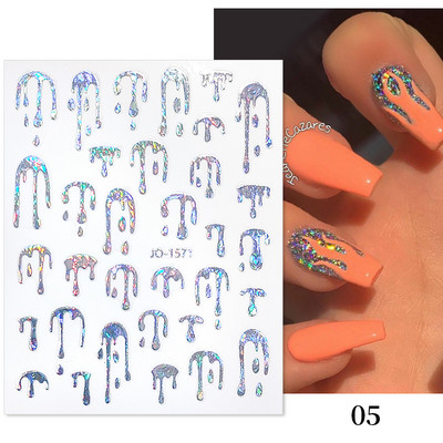 Френски стил Холографски златни трески 3D водни капки Флуоресцентни стикери за нокти Абстрактни цветя Листа Пролет Лято Nail Art Decal