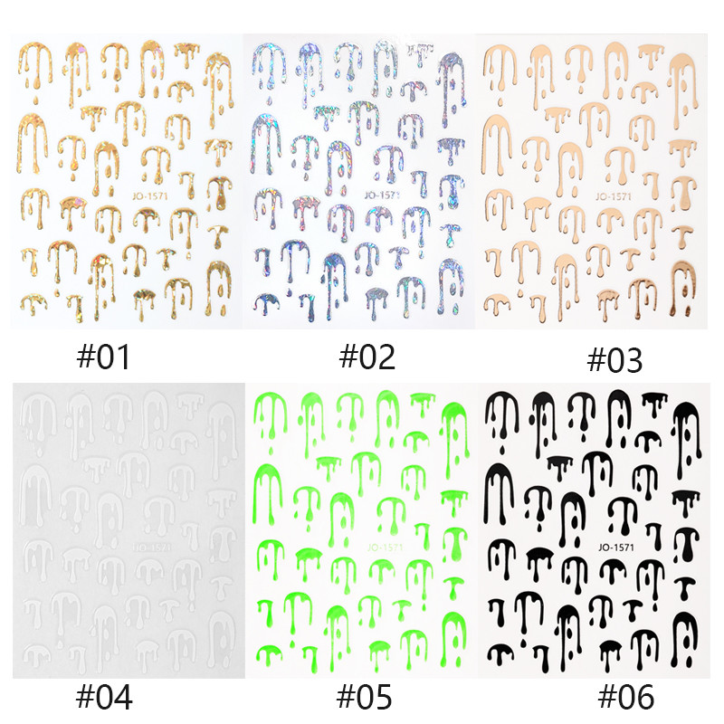 Френски стил Холографски златни трески 3D водни капки Флуоресцентни стикери за нокти Абстрактни цветя Листа Пролет Лято Nail Art Decal