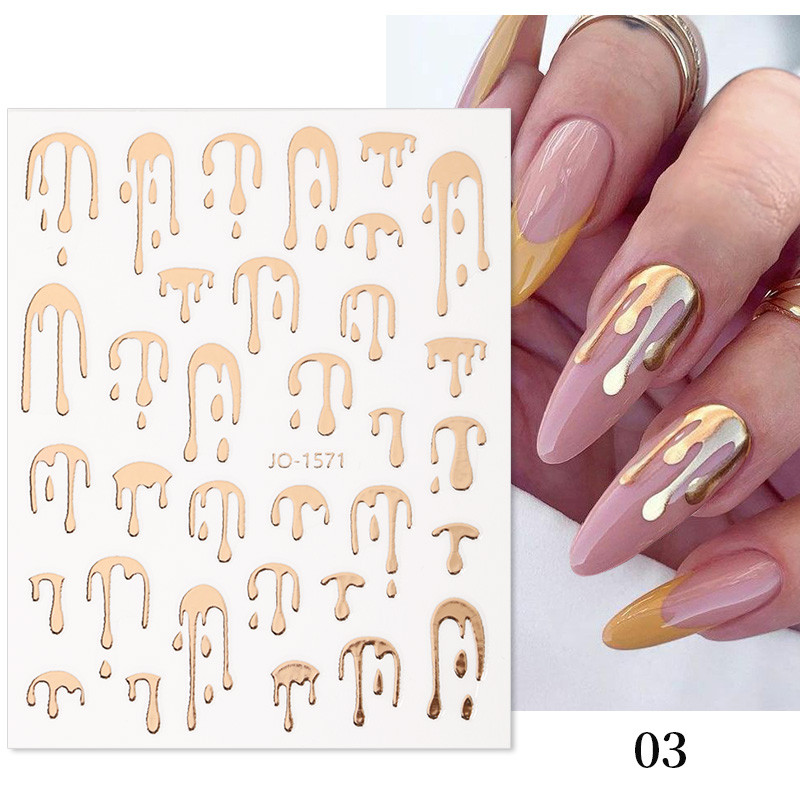 Френски стил Холографски златни трески 3D водни капки Флуоресцентни стикери за нокти Абстрактни цветя Листа Пролет Лято Nail Art Decal