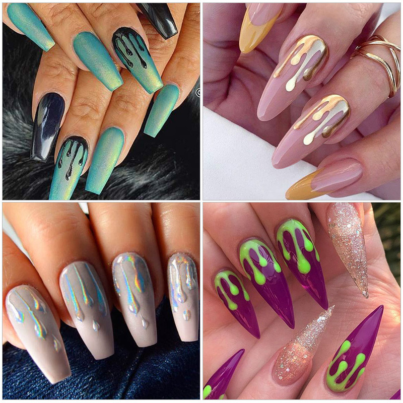 Френски стил Холографски златни трески 3D водни капки Флуоресцентни стикери за нокти Абстрактни цветя Листа Пролет Лято Nail Art Decal