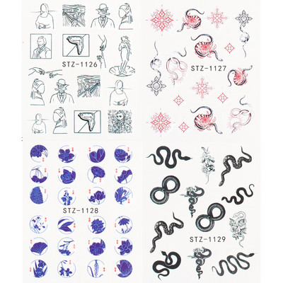 4 buc. Decalcomanii pentru unghii autocolant de transfer de apă, șarpe întunecat, dragon, înger, design, manichiură, decorare, glisor Wrap LYSTZ1114-1137-1