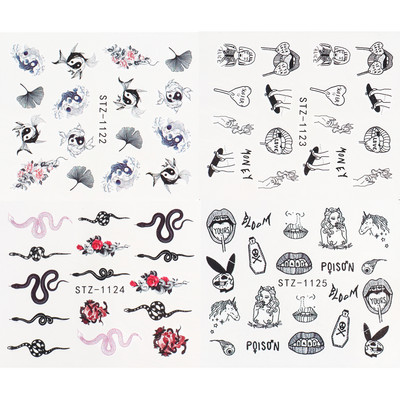 4 buc. Decalcomanii pentru unghii autocolant de transfer de apă, șarpe întunecat, dragon, înger, design, manichiură, decorare, glisor Wrap LYSTZ1114-1137-1