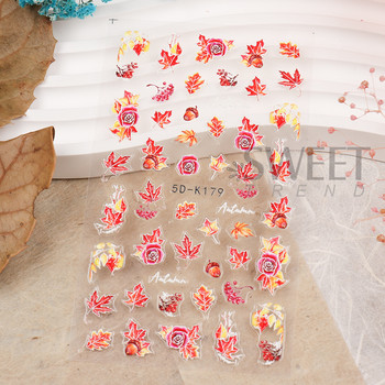 Φθινοπωρινό αυτοκόλλητο νυχιών σφενδάμου 5D ανάγλυφο ολισθαίνον χρυσό φύλλο κολοκύθας τριαντάφυλλο πεταλούδα σχέδιο Διακόσμηση νυχιών Μανικιούρ BE5DK178-180