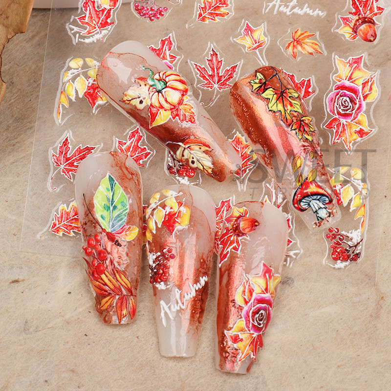 Őszi juhar köröm matrica 5D dombornyomott csúszka Aranylevelű sütőtök rózsa pillangós design körömdísz manikűr BE5DK178-180