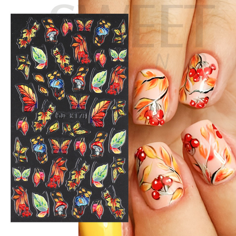 Őszi juhar köröm matrica 5D dombornyomott csúszka Aranylevelű sütőtök rózsa pillangós design körömdísz manikűr BE5DK178-180