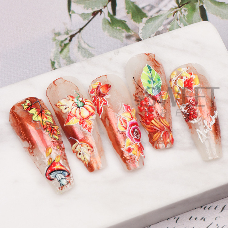 Őszi juhar köröm matrica 5D dombornyomott csúszka Aranylevelű sütőtök rózsa pillangós design körömdísz manikűr BE5DK178-180