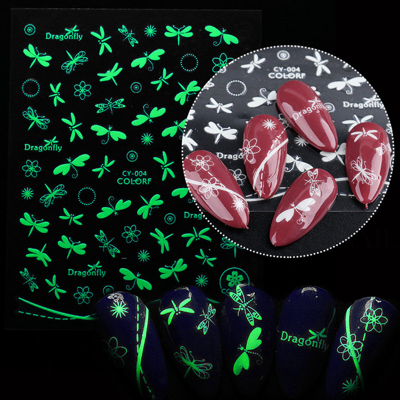 Αυτοκόλλητο νυχιών Butterfly Luminous Effect Leaf Flower Dragonfly Glow In The Dark Glitter Decal τρισδιάστατο πράσινο λευκό ρυθμιστικό SLCY001-009