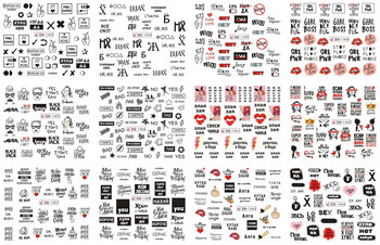 12 Patterns Руска буква Водни стикери за нокти с надписи Момиче Черно бяла татуировка Плъзгащ стикер Стикери за прехвърляне на геометрия