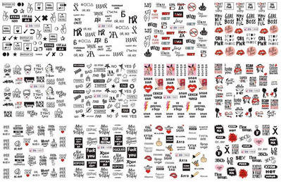 Αυτοκόλλητα με 12 μοτίβα με ρωσικά γράμματα, αυτοκόλλητα με νερό για νύχια με επιγραφές Κορίτσι, μαύρο άσπρο, αυτοκόλλητο ολίσθησης τατουάζ Αυτοκόλλητα μεταφοράς γεωμετρίας