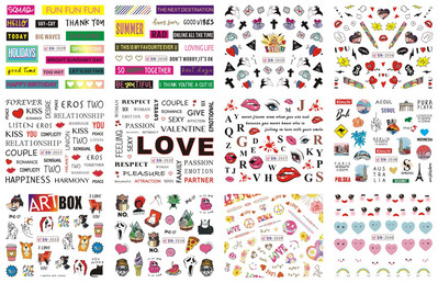 Αυτοκόλλητα με 12 μοτίβα με ρωσικά γράμματα, αυτοκόλλητα με νερό για νύχια με επιγραφές Κορίτσι, μαύρο άσπρο, αυτοκόλλητο ολίσθησης τατουάζ Αυτοκόλλητα μεταφοράς γεωμετρίας