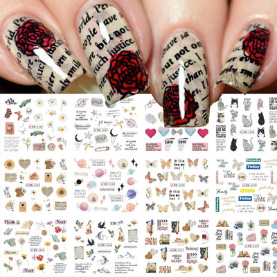 Αυτοκόλλητα με 12 μοτίβα με ρωσικά γράμματα, αυτοκόλλητα με νερό για νύχια με επιγραφές Κορίτσι, μαύρο άσπρο, αυτοκόλλητο ολίσθησης τατουάζ Αυτοκόλλητα μεταφοράς γεωμετρίας