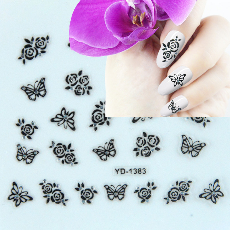 Αυτοκόλλητα νυχιών Sliders για νύχια για μανικιούρ ντεκόρ Σετ νυχιών Σχέδιο νυχιών Μαύρα λουλούδια Rhinestone Butterfly Αυτοκόλλητα
