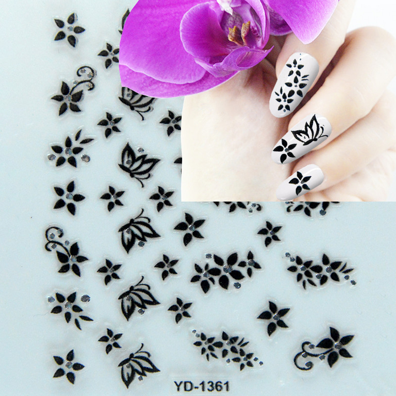 Αυτοκόλλητα νυχιών Sliders για νύχια για μανικιούρ ντεκόρ Σετ νυχιών Σχέδιο νυχιών Μαύρα λουλούδια Rhinestone Butterfly Αυτοκόλλητα