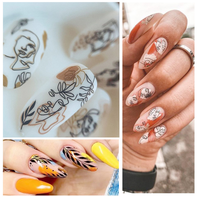 3D körömmatricák, női arc, absztrakt, levelek, dizájn, csúszkák, papír körömdíszítés, gél lakk manikűr matricák CHSTZCS012-031