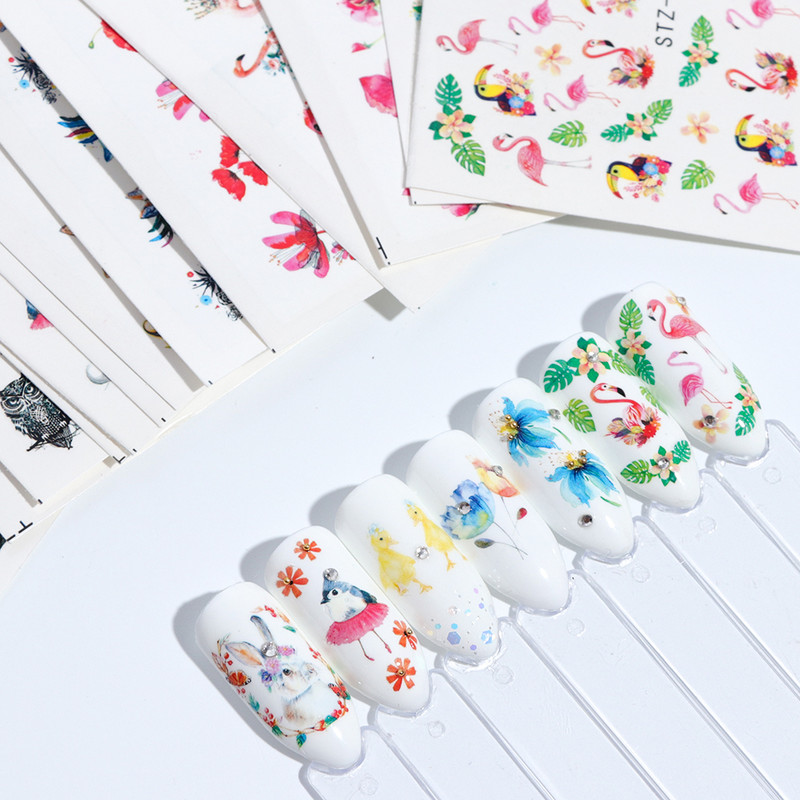 1 lehe gradient õitsemise flamingo liugur küünte kunsti kleebiste kleebiste kujundused veemärgi tätoveeringute kaunistamiseks LASTZ659-673