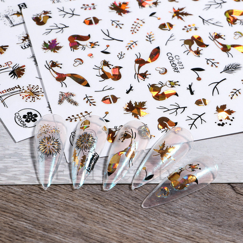 Őszi betakarítás matricák a körmökön Fekete arany őszi levél mókus fóliák matricák tippek holografikus lézeres fényes 3D körömdíszítés DecoCHCJ074