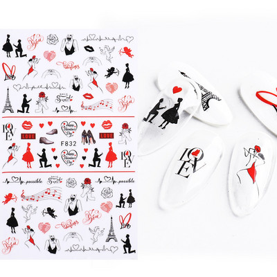 3D Love Heart Σχέδιο Βαλεντίνου Αυτοκόλλητα νυχιών Ρομαντικό Κομψό Κομψό Κοσμήματα με Δαντέλα Κόκκινη Καρδιά Sliders Μανικιούρ Βερνίκι νυχιών Αυτοκόλλητα SASW-CS