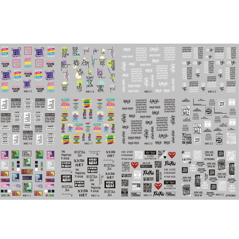 12 minta Amor Nail Art Slider Decals Orosz betűs transzfer matricák feliratokkal Water Decals Tetováló csúszkák körmökre