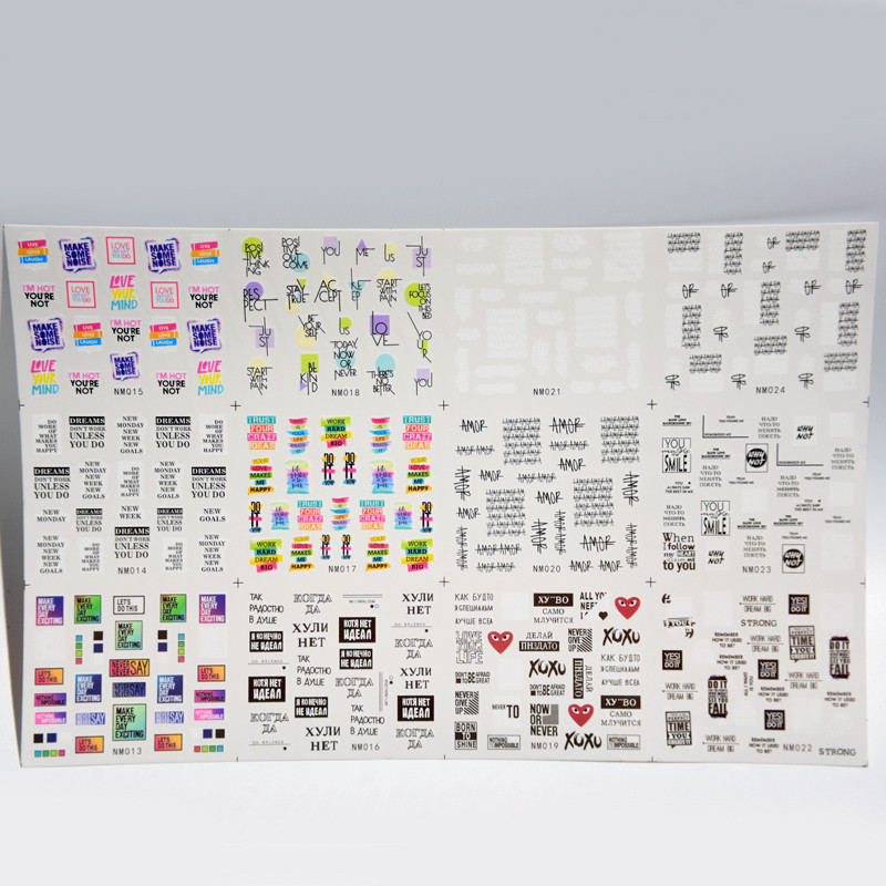 12 minta Amor Nail Art Slider Decals Orosz betűs transzfer matricák feliratokkal Water Decals Tetováló csúszkák körmökre