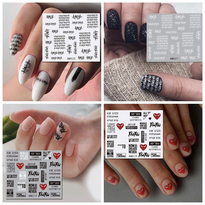 12 minta Amor Nail Art Slider Decals Orosz betűs transzfer matricák feliratokkal Water Decals Tetováló csúszkák körmökre