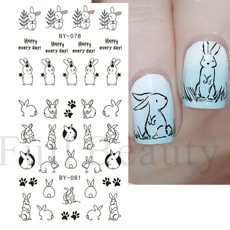 12 τεμ. αυτοκόλλητα κουνελιού για νύχια Υπέροχο κινούμενα σχέδια ζωικό σχέδιο Γεωμετρικό μπαλόνι καρότο ολισθαίνοντα νύχια μεταφοράς νερού Συμβουλές νυχιών LABY073-084