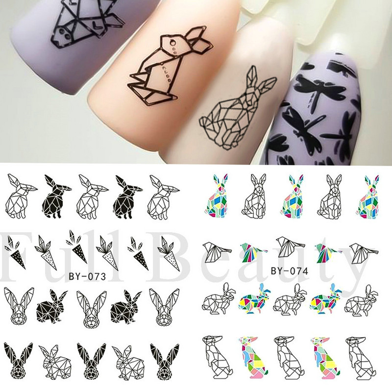 12 τεμ. αυτοκόλλητα κουνελιού για νύχια Υπέροχο κινούμενα σχέδια ζωικό σχέδιο Γεωμετρικό μπαλόνι καρότο ολισθαίνοντα νύχια μεταφοράς νερού Συμβουλές νυχιών LABY073-084