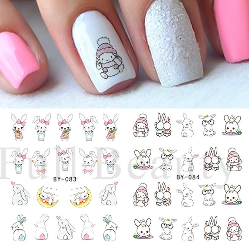 12 τεμ. αυτοκόλλητα κουνελιού για νύχια Υπέροχο κινούμενα σχέδια ζωικό σχέδιο Γεωμετρικό μπαλόνι καρότο ολισθαίνοντα νύχια μεταφοράς νερού Συμβουλές νυχιών LABY073-084
