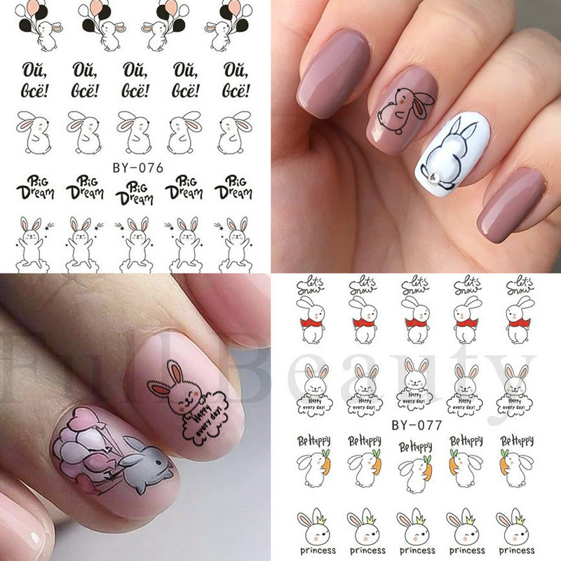 12 τεμ. αυτοκόλλητα κουνελιού για νύχια Υπέροχο κινούμενα σχέδια ζωικό σχέδιο Γεωμετρικό μπαλόνι καρότο ολισθαίνοντα νύχια μεταφοράς νερού Συμβουλές νυχιών LABY073-084